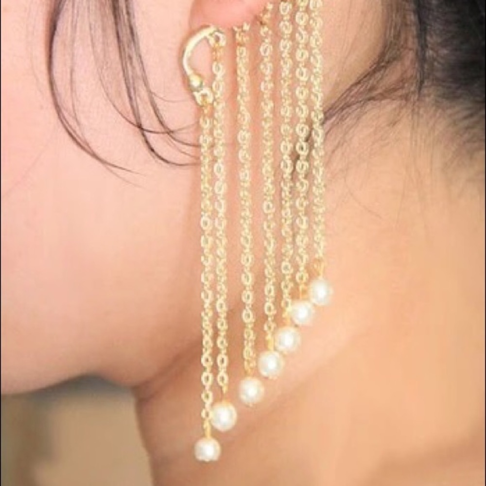 Bohemian Pearl Ear Cuff Gold Earrings with Chain Cluster